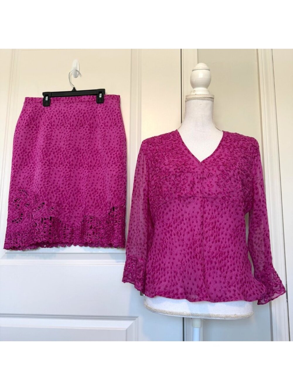 Vtg Vera Cristina Fuchsia Skirt & Blouse Set Size S / 8 Silk Suit Sheer Sleeves